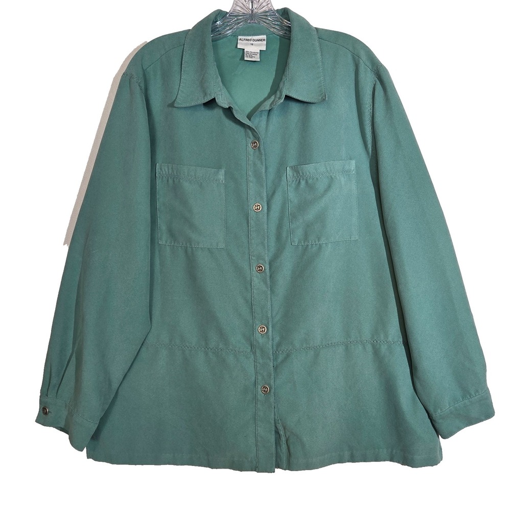 Alfred Dunner Womens Size 18 Sage Green Button Up Shirt Jacket Two Pocket Soft